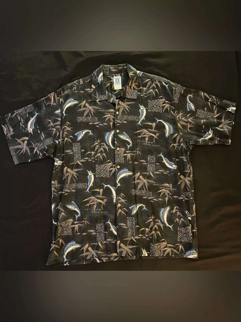 Hook & Tackle Hawaiian Shirt Mens XL Black Fishing Marlin Bamboo Tropical Camp